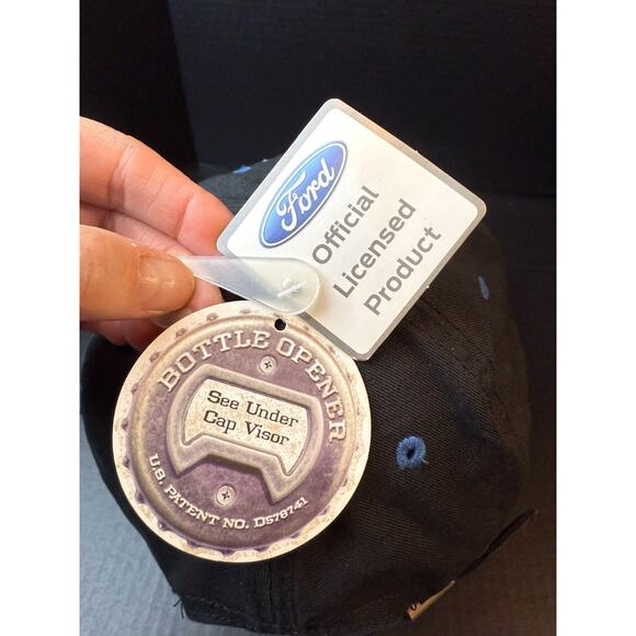 Genuine Ford Adjustable Black Mens Baseball Hat Cap w/ Bottle Cap Opener - Picture 11 of 12